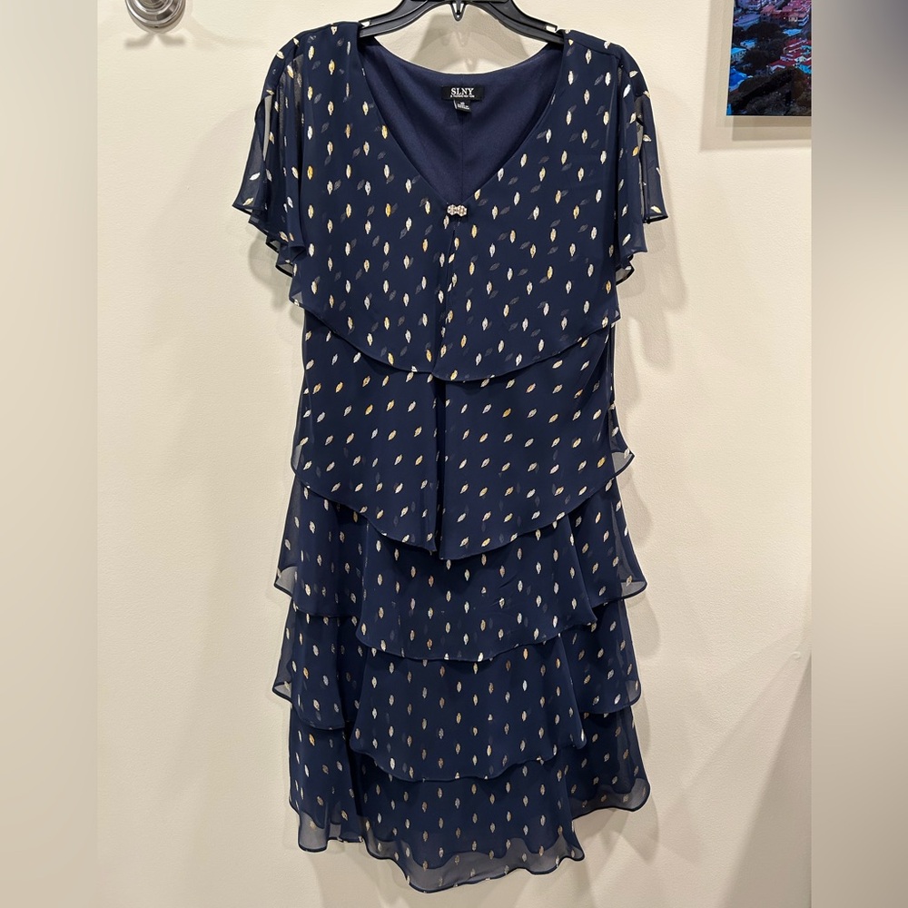 SLNY Dress Navy with Gold Foil Chiffon Tiered Dress with Rhinestone accent